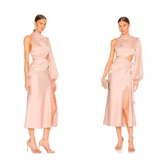 MISHA NEW Maryan One Shoulder Formal Cut Out Midi Dress in Rose Pink Size 6